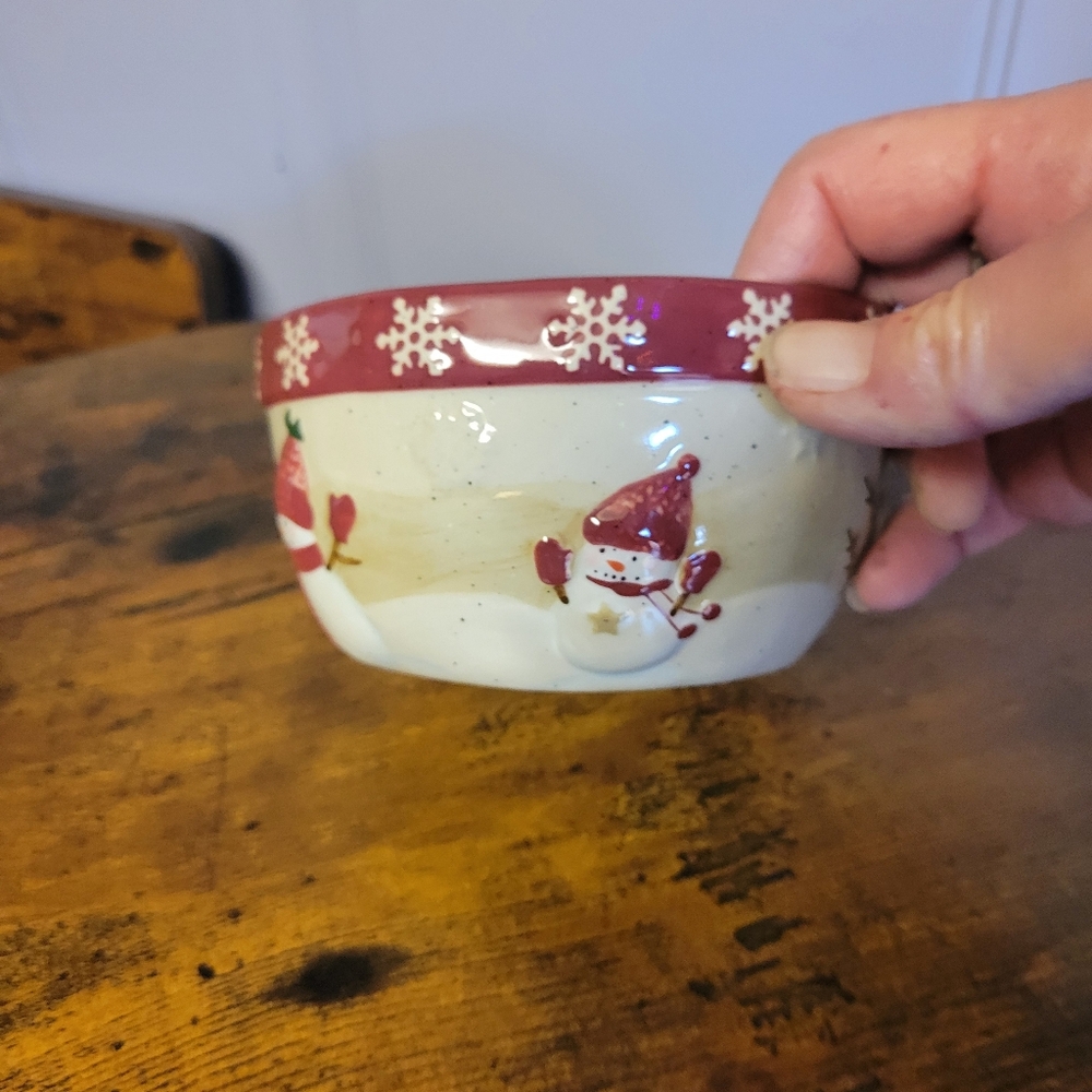 St Nicholas Square winter wishes  snowman dip Bowl with Red Trim